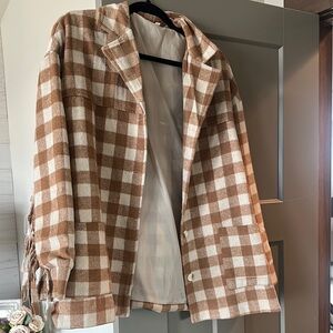 Fringed Brown and White Plaid Blazer with Collared Neckline